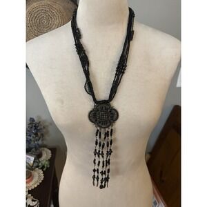 Vtg Black Glass Bead Necklace Long Tassel Fringe Station Flapper 22" w/ 7"  drop